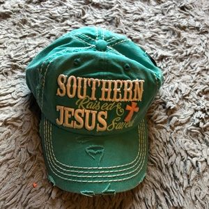 Southern Raised Jesus Saved Teal Trucker Hat